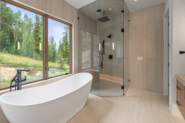 a spacious bathroom with a tub shower and view