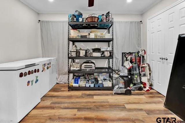 a view of a room with racks on the wall