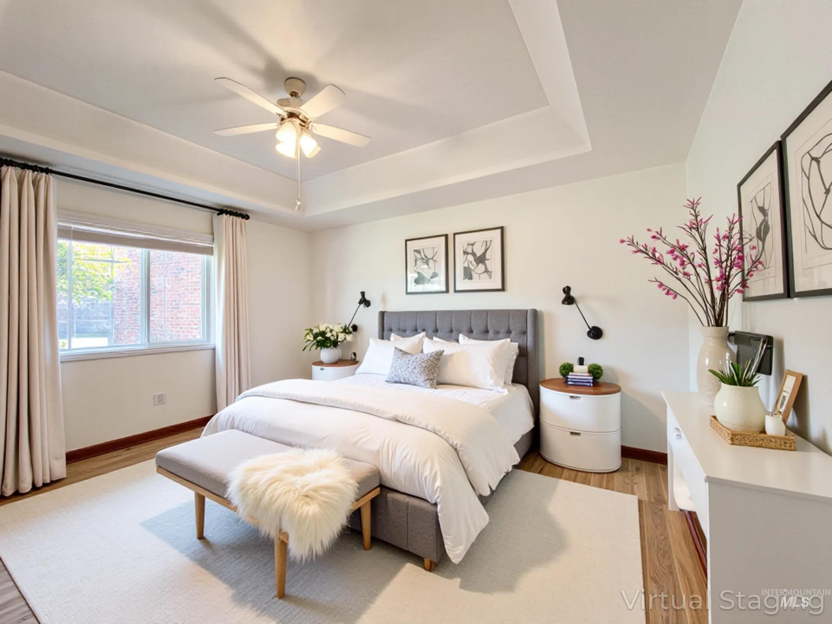 5231 North Morninggale Way Boise, ID 83713 - Photo 11 of 44 Bedroom featuring light wood-type flooring, ceiling fan, and a raised ceiling