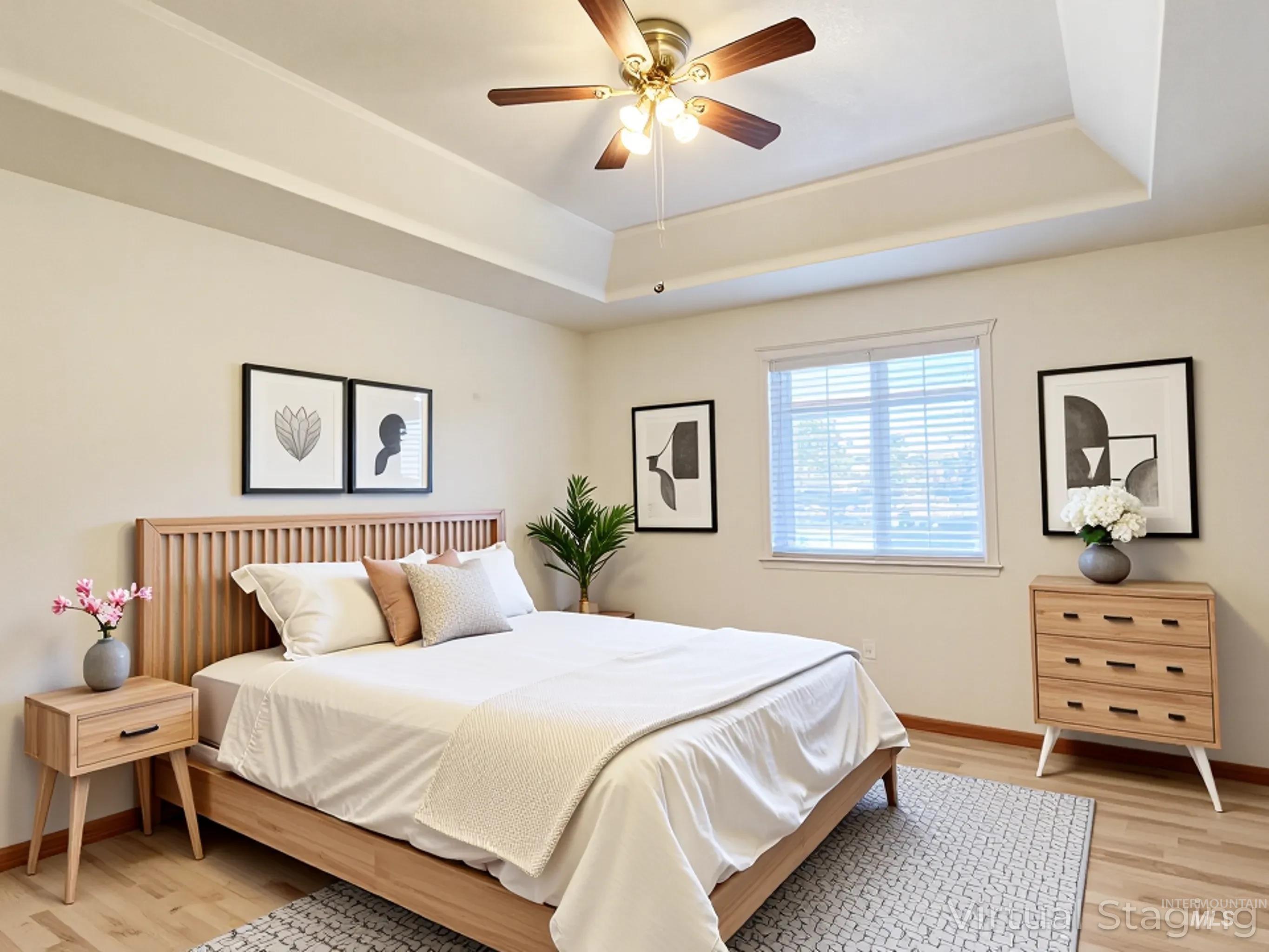 5231 North Morninggale Way Boise, ID 83713 - Photo 14 of 44 Bedroom featuring light wood finished floors, a raised ceiling, and a ceiling fan