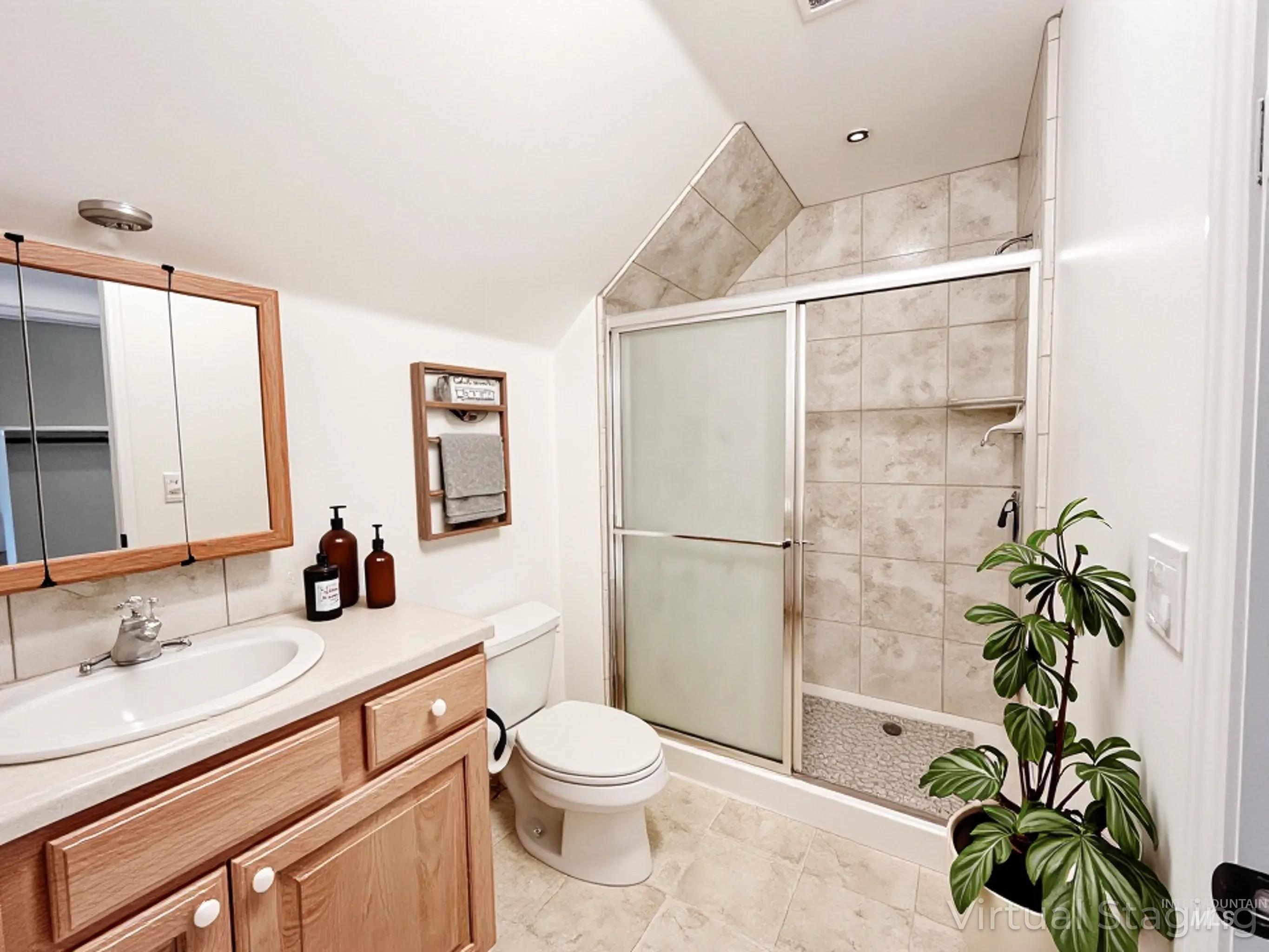 5231 North Morninggale Way Boise, ID 83713 - Photo 20 of 44 Bathroom with vanity, a shower stall, lofted ceiling, light tile patterned floors, and recessed lighting