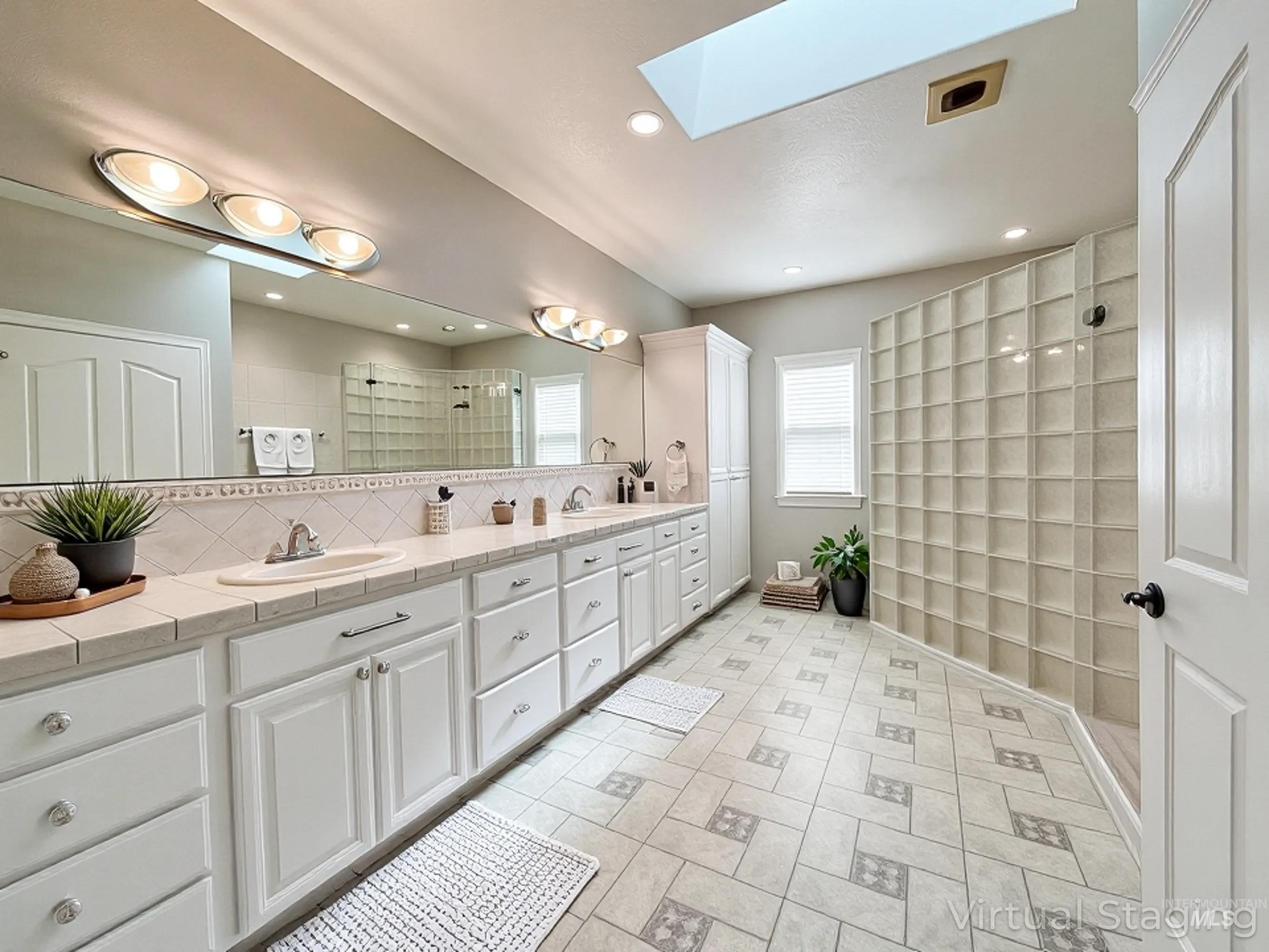 5231 North Morninggale Way Boise, ID 83713 - Photo 9 of 44 Bathroom featuring a shower stall, a skylight, double vanity, tasteful backsplash, and recessed lighting