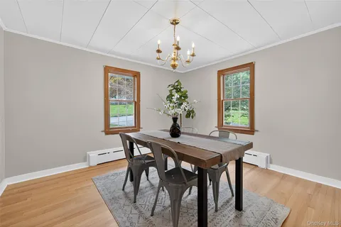 a view of a dining room with furniture window and wooden floor