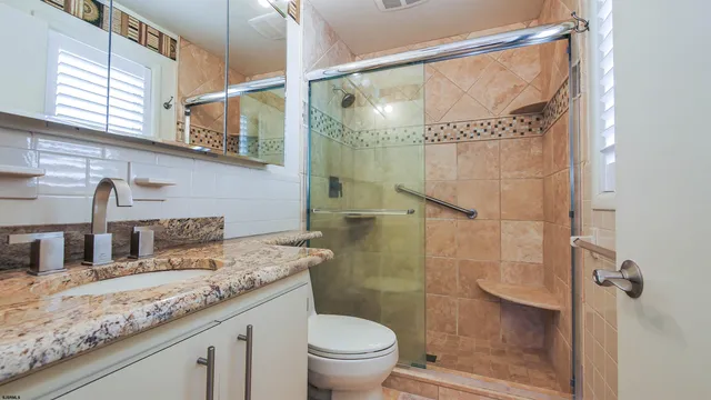 a bathroom with a granite countertop sink toilet and shower
