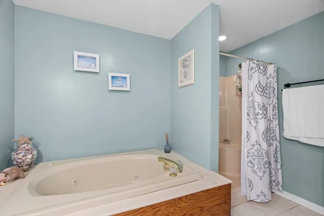 a bathroom with a bathtub and shower