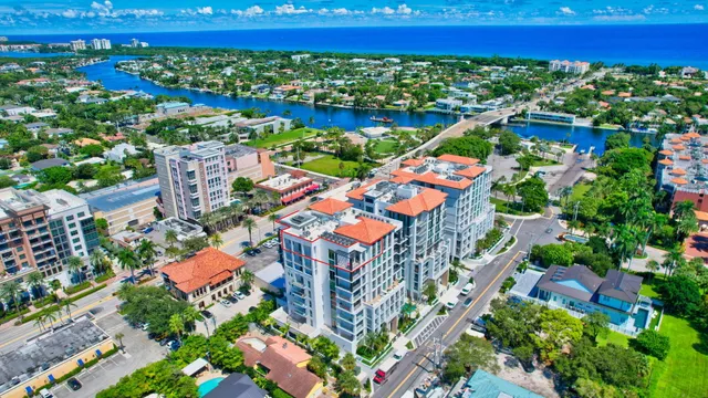 a view of a city with lush green forest