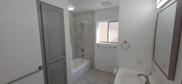 a bathroom with a tub shower vanity and a sink