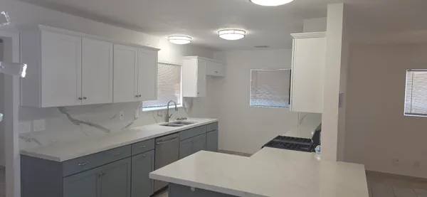 a kitchen with a sink dishwasher and cabinets