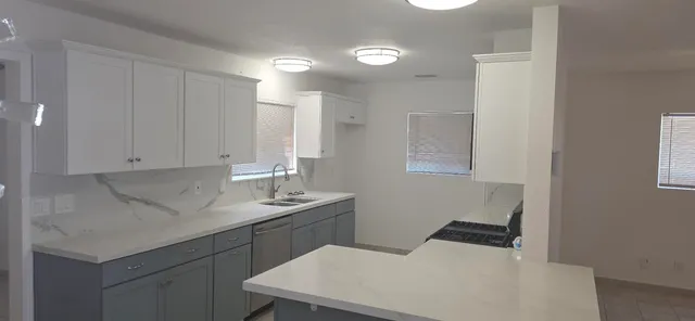 a kitchen with a sink dishwasher and cabinets