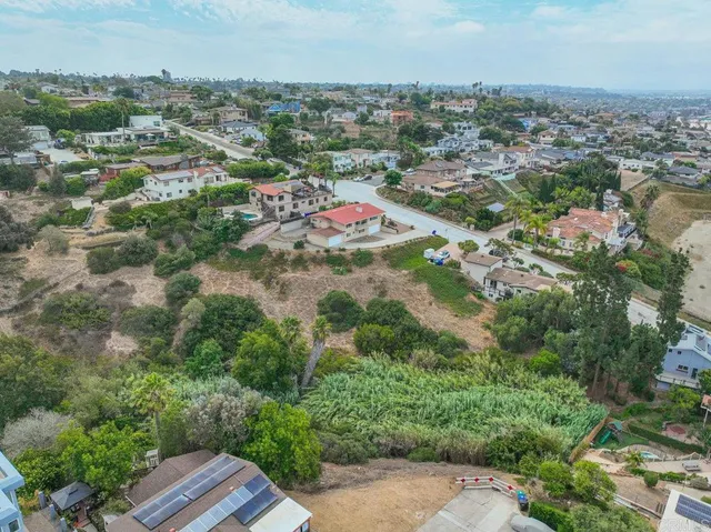 an aerial view of city lake and trees