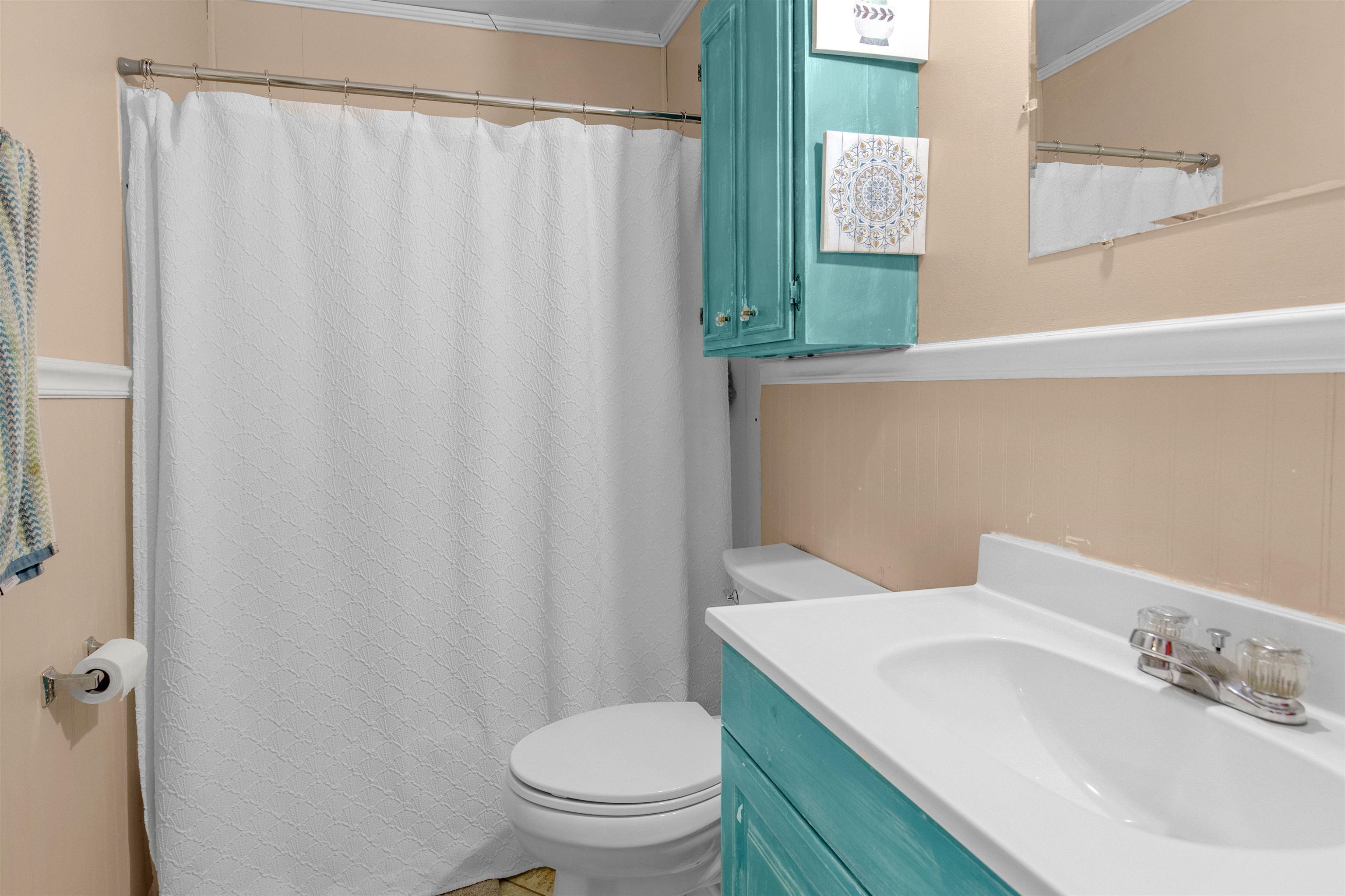 1147 Mack Pond Road Atmore, AL 36502 - Photo 15 of 40 Bathroom with ornamental molding, vanity, toilet, and a shower with shower curtain