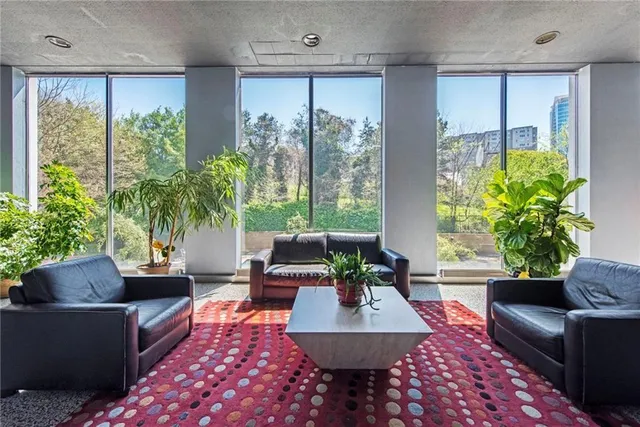 a living room with furniture and a rug