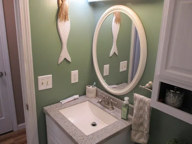 a bathroom with a sink and a mirror