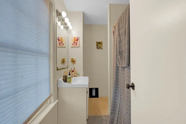 a bathroom with a sink a mirror and a shower