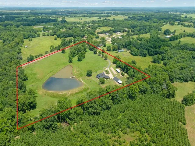an aerial view of residential houses with outdoor space and trees