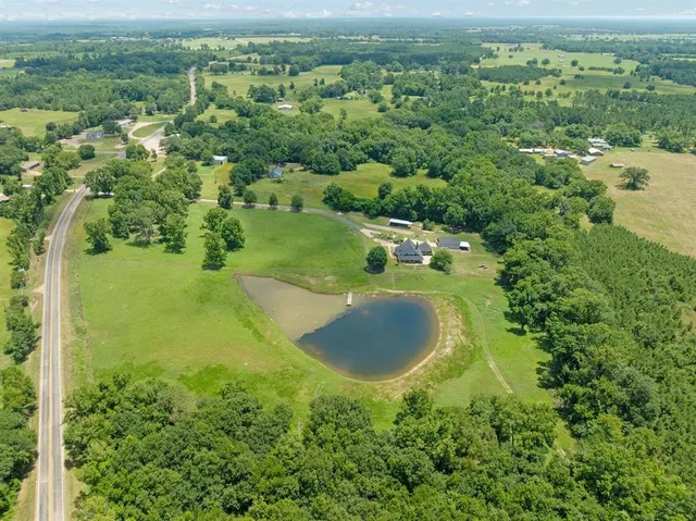 an aerial view of residential houses with outdoor space and trees