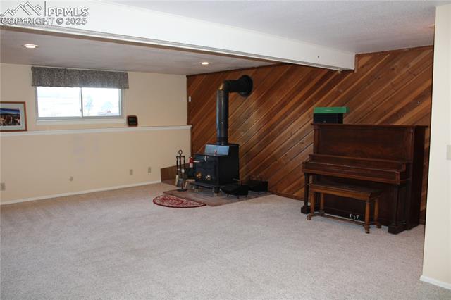 8340 Piute Road Colorado Springs, CO 80926 - Photo 38 of 48 Living area featuring a wood stove, wooden walls, and light carpet