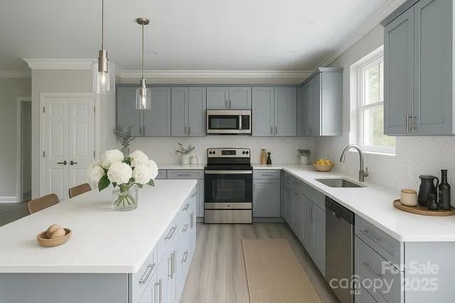 a kitchen with kitchen island sink stove and cabinets