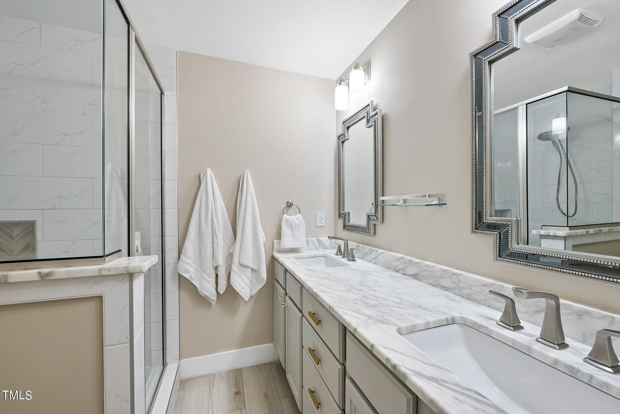 4900 Latimer Road Raleigh, NC 27609 - Photo 29 of 46 Primary Bath with Dual Vanity and Walk in Tiled Shower