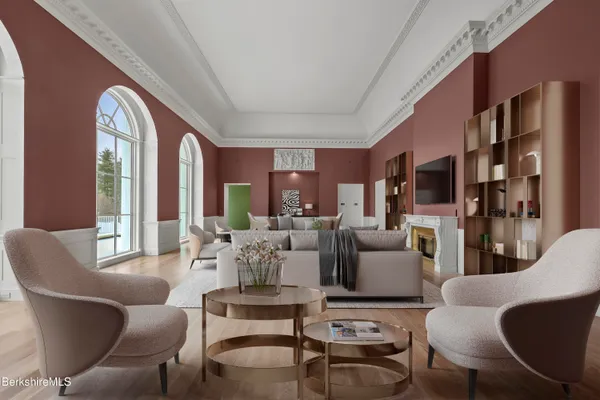 a view of a room with a large window