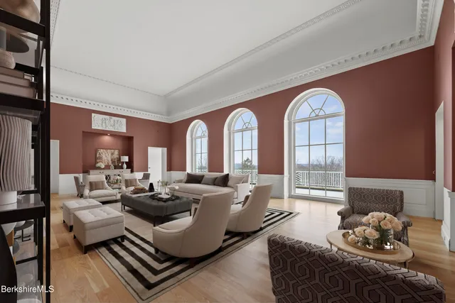 a front view of house with yard and green space