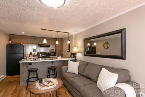a living room with stainless steel appliances furniture a rug and a kitchen view