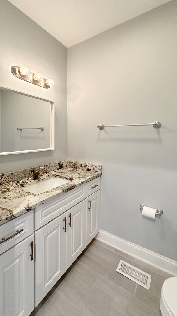 1538 West 34th Street, Unit E Chicago, IL 60608 - Photo 12 of 33 a bathroom with a granite countertop sink and a toilet