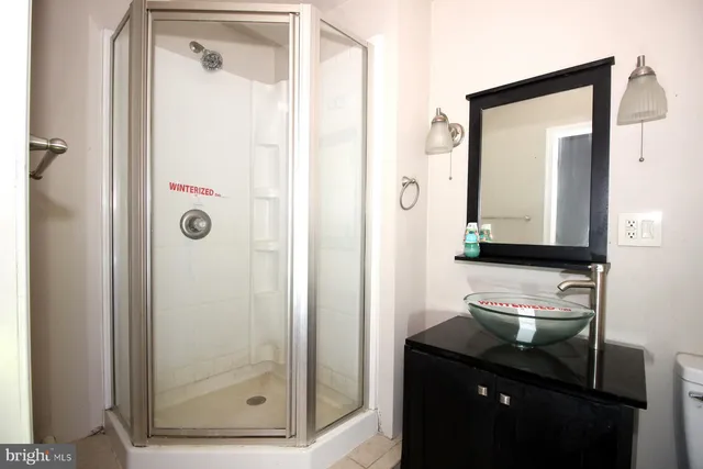 a bathroom with a shower a sink and a mirror