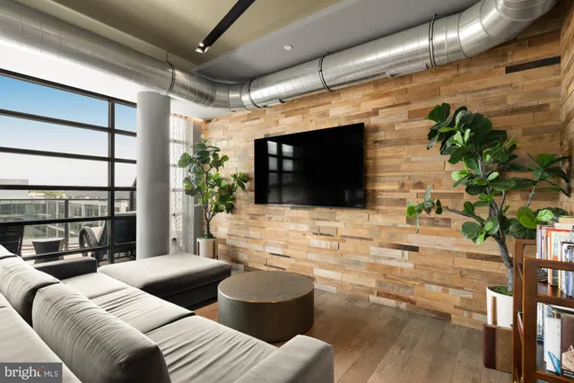 a living room with furniture a flat screen tv and a potted plant