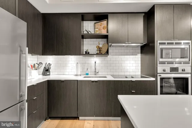 a kitchen with stainless steel appliances a sink and cabinets