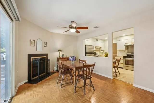 a view of a dining room with furniture