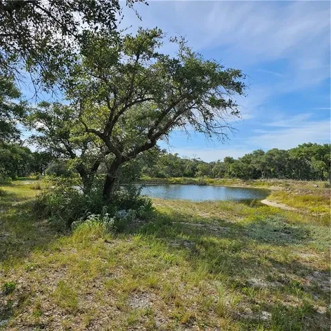 a view of a lake with a yard and large trees