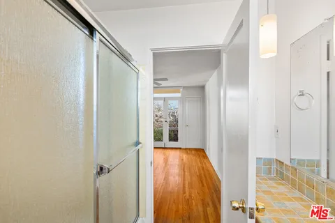 a view of a bathroom with a tub