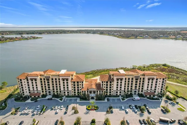a view of a lake with a terrace