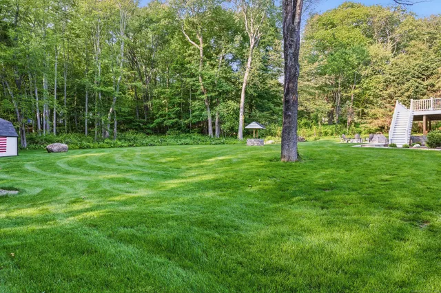 a view of a grassy field with trees in the background