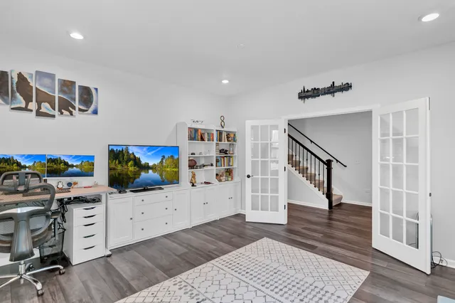 a hallway with a workspace