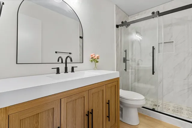 a bathroom with a sink a toilet and shower