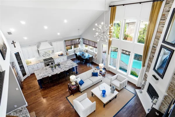 a living room with furniture and a table