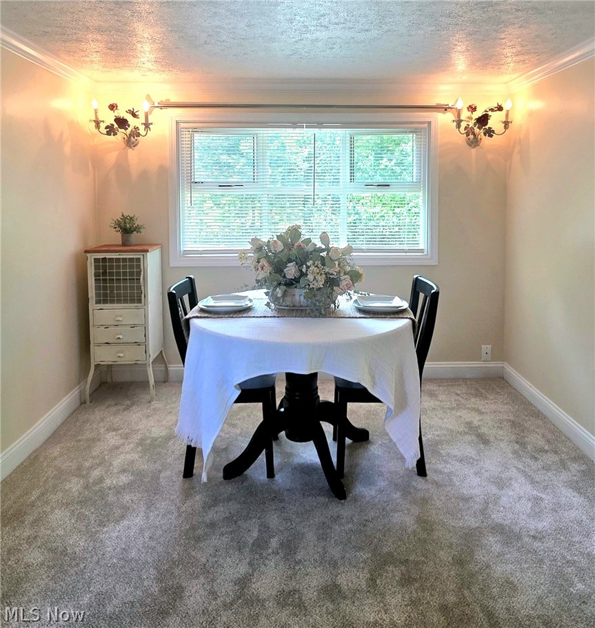 398 North Chillicothe Road Aurora, OH 44202 - Photo 12 of 39 Dining area with light-colored carpeting, a window featuring blinds, and two wall-mounted sconces