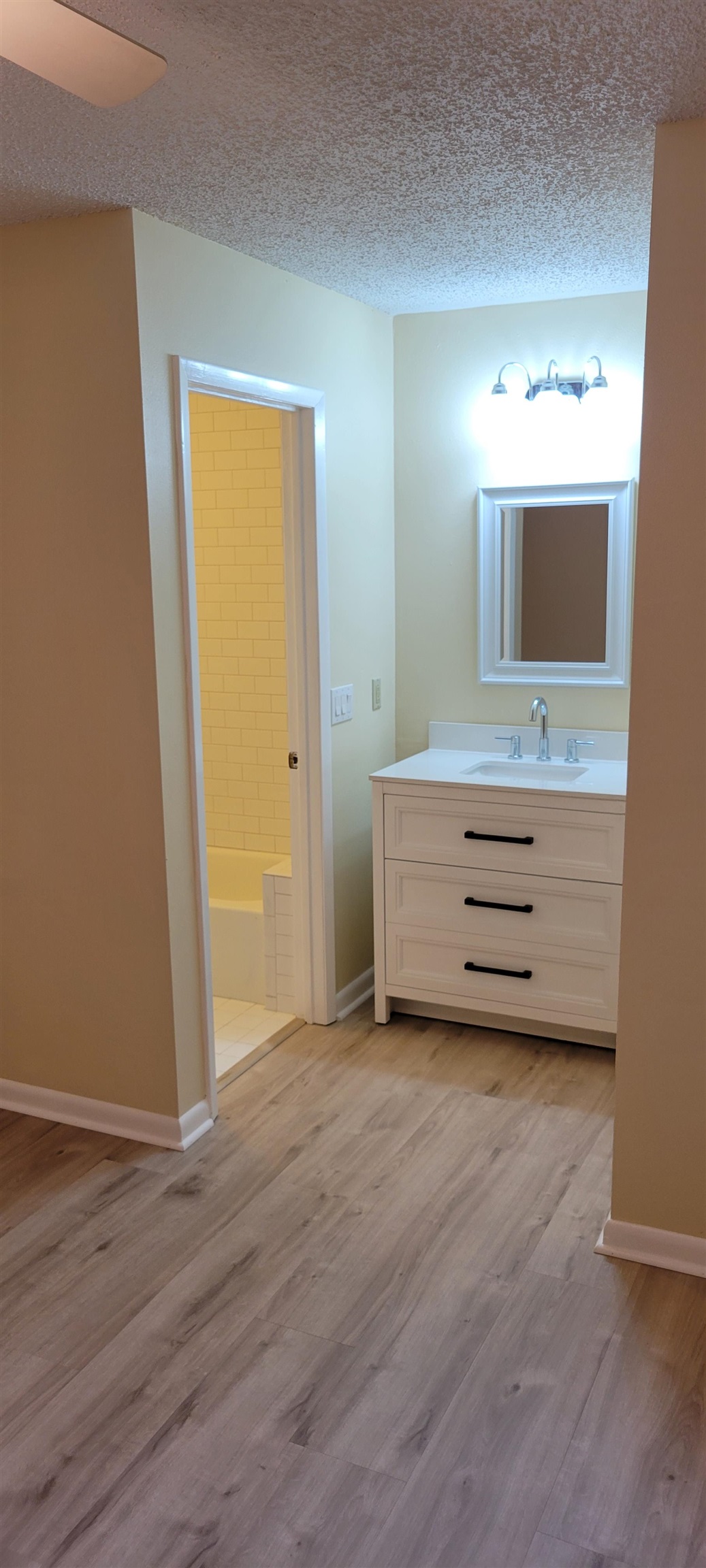 5 Catalonia Court St. Augustine, FL 32086 - Photo 16 of 30 Full bathroom with vanity, light wood finished floors, and a textured ceiling