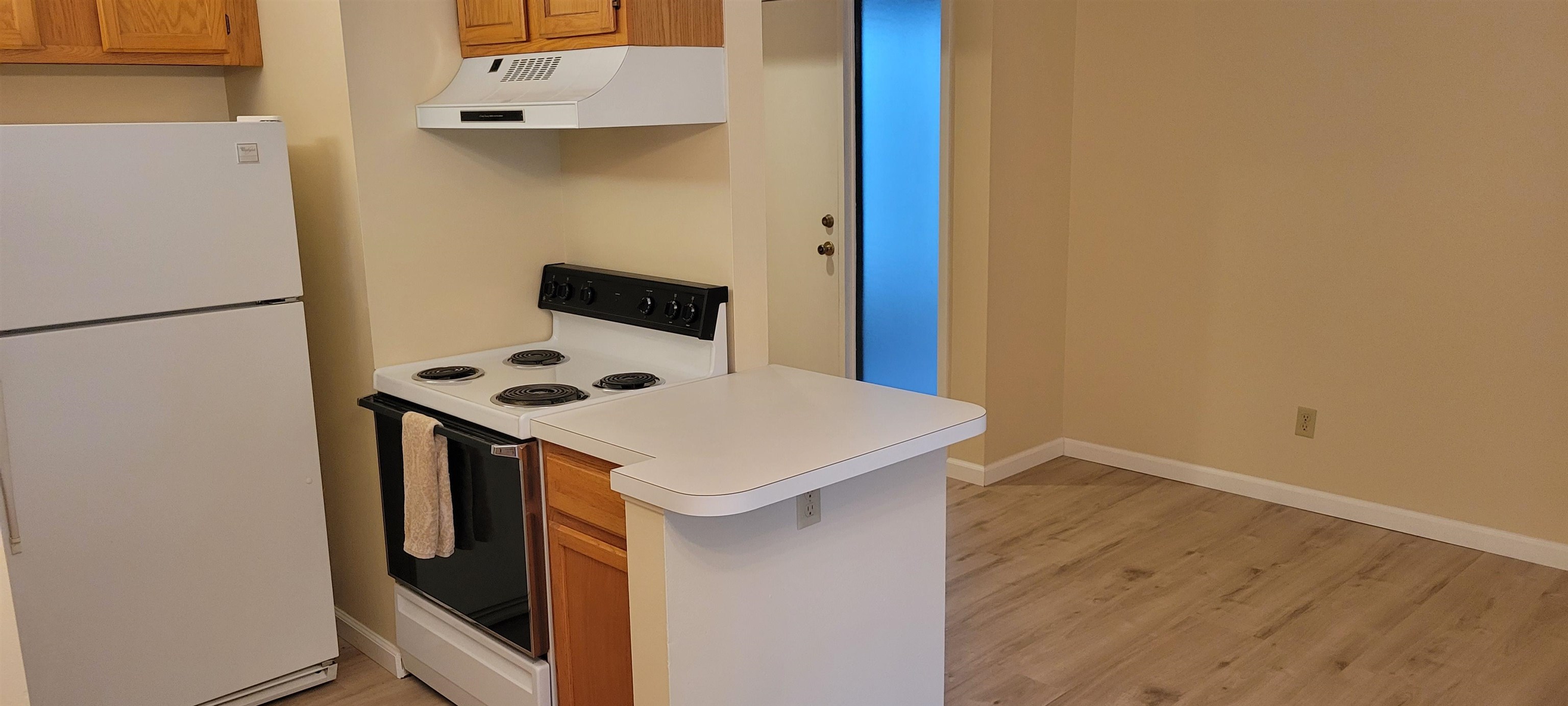 5 Catalonia Court St. Augustine, FL 32086 - Photo 7 of 30 Kitchen with white appliances, light countertops, range hood, and wood finish cabinets