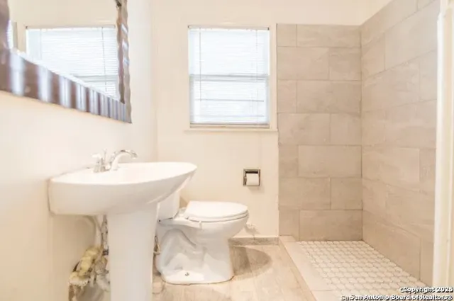 a bathroom with a sink toilet and a mirror