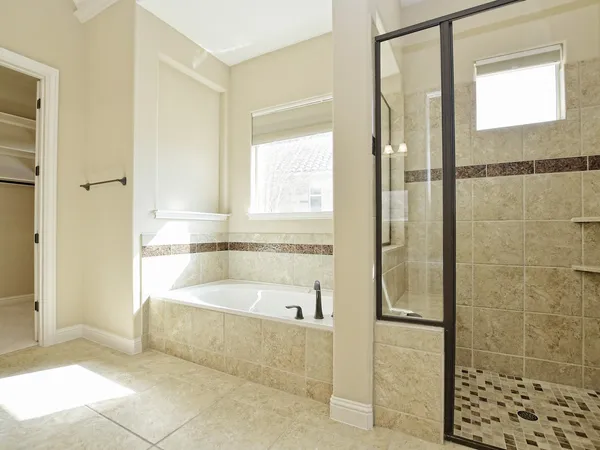 a bathroom with a bathtub and a shower