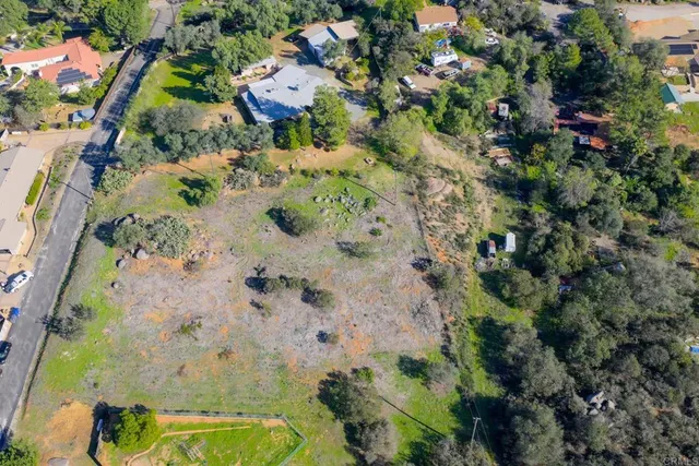 an aerial view of a house with a yard and plants