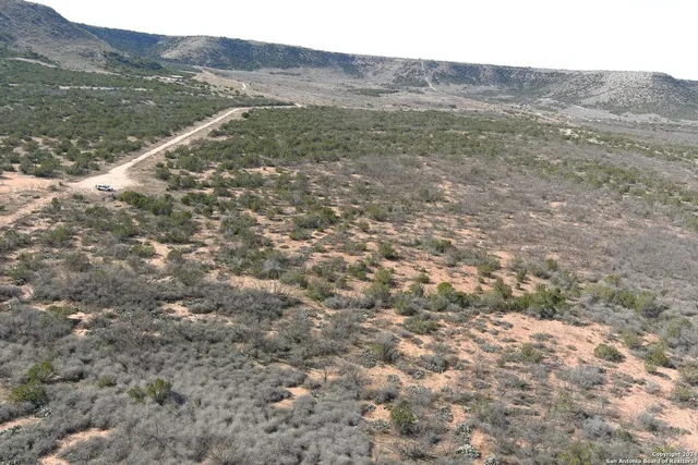 a view of a dry yard with mountains in the background