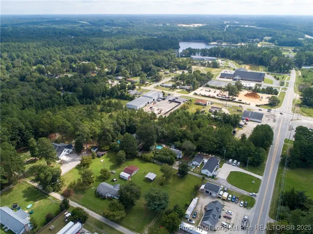 an aerial view of residential houses with outdoor space and trees