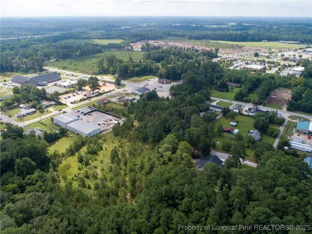 an aerial view of residential houses with outdoor space and trees