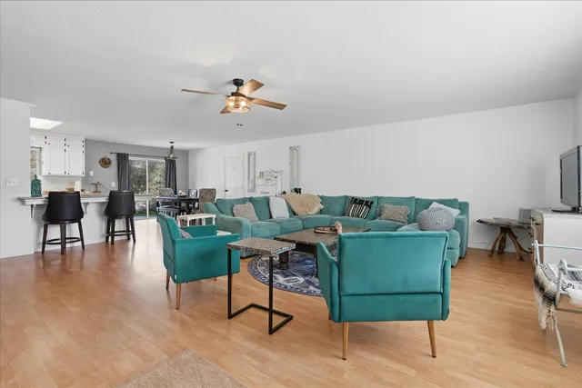 a living room with furniture a dining table and a potted plant