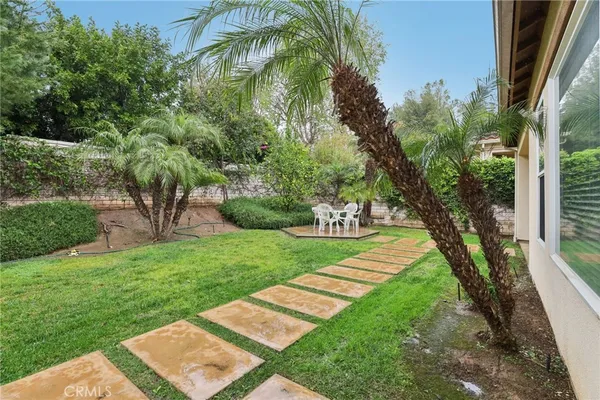 a view of a yard with plants and a bench