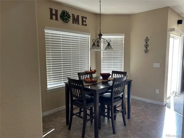 a view of a dining room with furniture and window